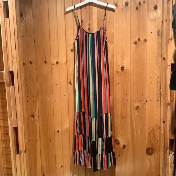 FARM RIO metallic multi stripe maxi ruffle spaghetti strap dress - Picture 1 of 9
